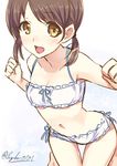  akechi_shizuku bow bow_bra bow_panties bra brown_hair cinderella_bust frilled_bra frilled_panties frills kantai_collection low_twintails navel open_mouth panties shirayuki_(kantai_collection) short_twintails solo thigh_gap twintails twitter_username underwear underwear_only yellow_eyes 