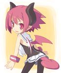  black_legwear demon_girl disgaea horns looking_back makai_senki_disgaea_3 muu_(mumumer) pantyhose pink_eyes pink_hair pleated_skirt pointy_ears raspberyl sailor_collar school_uniform serafuku short_hair skirt slit_pupils smile solo tail white_sailor_collar white_skirt wings yellow_background 