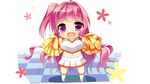  1girl blush breasts cheerleader chibi demon_busters game_cg happy highres hinata_ai itou_life large_breasts legs long_hair looking_at_viewer navel open_mouth pink_eyes pink_hair pom_poms simple_background skirt smile solo standing thighs 