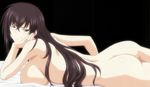  1girl ass breasts brown_hair highres kawakami_momoyo large_breasts long_hair looking_at_viewer lying maji_de_watashi_ni_koi_shinasai! nude red_eyes smile solo stitched 