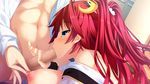  1boy 1girl areolae blue_eyes blush breasts censored demon_busters fellatio game_cg highres itou_life large_breasts long_hair navel nipple_tweak nipples no_bra open_clothes oral penis red_hair shizu_konoka standing sweat twintails 