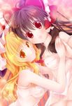  blonde_hair blush breasts brown_hair covered_nipples d: hakurei_reimu hands_together hat holding_hands kirisame_marisa long_hair looking_at_viewer multiple_girls nipples open_mouth orange_eyes red_eyes see-through small_breasts smile tareme touhou witch_hat yanagise yuri 