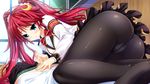  1boy 1girl 69 ass blue_eyes blush censored demon_busters embarrassed from_behind game_cg handjob highres itou_life legs long_hair looking_down lying no_shoes on_side panties pants_down pantyhose penis red_hair shizu_konoka skirt thighs twintails underwear 