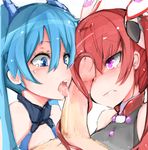  2girls blue_eyes blue_hair blush fellatio frown hairjob hetero highres long_hair multiple_girls muoto open_mouth oral ore_twintail_ni_narimasu penis penis_on_face purple_eyes red_hair tailblue tailred tears tongue twintails 