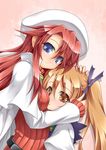  aliese_martini aty_(summon_night) blue_eyes brown_eyes brown_hair hat hug labcoat long_hair multiple_girls red_hair ribbed_sweater roura side_ponytail smile summon_night summon_night_3 sweater 