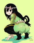  :&gt; :p ass asui_tsuyu bad_id bad_tumblr_id belt black_eyes black_hair black_legwear blush_stickers bodysuit boku_no_hero_academia colo_(nagrolaz) frog_girl gloves green_bodysuit hair_rings long_hair looking_back low-tied_long_hair monster_girl solo squatting thighhighs tiptoes toeless_legwear tongue tongue_out wet 