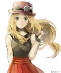  blonde_hair bracelet eyewear_on_head green_eyes hat jewelry long_hair looking_at_viewer low-tied_long_hair pleated_skirt pokemon pokemon_(game) pokemon_xy porkpie_hat red_skirt serena_(pokemon) sketch skirt sleeveless smile solo sunglasses tanisakiho twitter_username upper_body white_background 