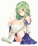  ass bad_id bad_pixiv_id bare_shoulders blush bra breast_squeeze breasts cleavage collarbone detached_sleeves eyebrows_visible_through_hair frog_hair_ornament full_body green_eyes green_hair hair_ornament interlocked_fingers kochiya_sanae large_breasts leg_hug long_sleeves looking_at_viewer open_clothes open_shirt shirt sideboob skirt snake_hair_ornament solo touhou underwear upskirt wavy_mouth wide_sleeves yellow_bra yukizumi_remon 