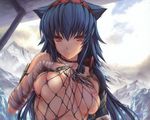  animal_ears bandage blue_hair breasts kizuki_aruchu long_hair monster_hunter nargacuga_(armor) naruga_kuruga nipples 