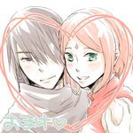  1girl black_hair blush couple facial_mark forehead_mark green_eyes hair_over_one_eye haruno_sakura heart hetero naruto naruto_(series) pink_hair rikoko short_hair uchiha_sasuke 