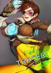  bad_id bad_pixiv_id bodysuit breasts brown_hair character_name covered_navel dated gun handgun jacket large_breasts looking_at_viewer orange_bodysuit overwatch pink_eyes pistol rak_(kuraga) short_hair smile solo spiked_hair tracer_(overwatch) weapon 