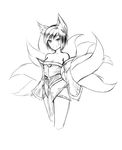  ahri alternate_breast_size alternate_hair_length alternate_hairstyle animal_ears bare_shoulders breasts cowboy_shot cropped_legs detached_sleeves dress fox_ears fox_tail greyscale korean_clothes league_of_legends monochrome multiple_tails ricegnat short_hair sketch small_breasts solo strapless strapless_dress tail whisker_markings 