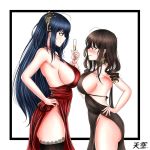  2girls ahoge alcohol alternate_costume alternate_hairstyle ass azur_lane bangs bare_shoulders black_dress black_hair blunt_bangs blush breast_contest breast_press breasts brown_hair champagne champagne_flute choker closed_mouth cocktail_dress cup curly_hair dress drinking_glass dsr-50_(girls_frontline) earrings eyebrows_visible_through_hair girls_frontline groin hair_between_eyes hair_ornament hand_on_hip highres holding_another&#039;s_arm jewelry lace-trimmed_legwear large_breasts long_hair looking_at_another multiple_girls outside_border red_dress red_eyes sideboob sidelocks skindentation smile symmetrical_docking taihou_(azur_lane) tearing_up thighhighs thighs tiankong trembling very_long_hair 