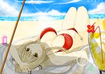  absurdres ahoge amagi_brilliant_park antenna_hair bare_shoulders beach bikini bima_rahmaa blush bow breasts brown_hair cleavage day hair_bow hair_ribbon highres large_breasts long_hair looking_at_viewer lying navel o-ring o-ring_bikini o-ring_bottom o-ring_top ponytail red_bikini ribbon sento_isuzu shiny shiny_hair shiny_skin solo swimsuit thighs tropical_drink very_long_hair yellow_eyes 