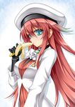  aty_(summon_night) banana blue_eyes brooch food fruit gloves hat jewelry labcoat long_hair red_hair roura solo summon_night summon_night_5 