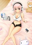  blush breasts condom condom_packet_strip erect_nipples girl headphones large_breasts long_hair mp3_player nitroplus pink_hair red_eyes shorts sitting smile super_sonico teddy_bear tenha 