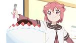  akaza_akari animated animated_gif cake double_bun eating food fork hair_bun pink_hair purple_eyes school_uniform short_hair solo yuru_yuri 