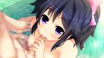  1boy 1girl areolae bath bathroom bathtub blue_hair blush breasts censored demon_busters fellatio game_cg highres itou_life kuromine_tomoko long_hair looking_up medium_breasts nipples nude oral partially_submerged penis ponytail purple_eyes steam water 