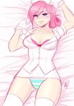  1girl amanda_evelyn_earl blue_eyes blush bra breasts cleavage gloves lying medium_breasts my_little_pony nurse nurse_cap nurse_redheart on_back panties pink_hair ribbon smile solo spittfireart stockings striped striped_panties thighhighs underwear white_legwear 