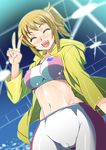  :d bike_shorts blush breasts brown_hair cameltoe closed_eyes covered_nipples gundam gundam_build_fighters gundam_build_fighters_try highres hoshino_fumina jacket large_breasts midriff navel open_mouth ponytail scrunchie smile solo sports_bra takuji_(dekosenn) v 