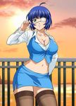  blue_hair breasts eyepatch green_eyes ikkitousen large_breasts official_art ryomou_shimei short_hair skirt smile solo standing 