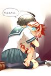  1boy 1girl ahoge bandaid blue_eyes child daimon_masaru_(danganronpa) danganronpa headphones hug naegi_komaru red_hair school_uniform serafuku tears translation_request zettai_zetsubou_shoujo 