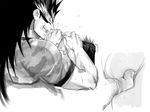  2boys anal anal_fingering ass blush bottomless earrings erection eyeshield_21 fingering from_behind gaou_rikiya harikonotora jewelry long_hair male_focus marco_reiji monochrome multiple_boys nipples open_clothes open_shirt penis set shirt size_difference sweat translated very_long_hair yaoi 