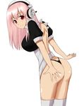  ass back_cutout bad_id bad_pixiv_id blush breasts g-string headphones highleg highleg_panties large_breasts long_hair looking_at_viewer nitroplus panties pink_hair red_eyes smile solo super_sonico takeya_(pixiv6774655) thong underwear 