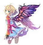  :d absurdres ahoge angel angel_wings asymmetrical_wings blonde_hair blue_eyes borrowed_character bow cassie_(acerailgun) cowboy_shot cyborg dress error feathered_wings feathers frilled_dress frills from_behind highres looking_back mechanical_arm mechanical_wings open_mouth original ribbon sammi_hisame simple_background smile solo white_background wings 