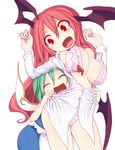  :d ^_^ arms_up bat_wings blush bow bow_bra bra breasts closed_eyes daiyousei dress_shirt fairy fairy_wings fang green_hair head_wings koakuma kuresento large_breasts long_hair long_sleeves looking_at_another multiple_girls open_bra open_clothes open_mouth open_shirt panties pink_bra pink_panties red_eyes red_hair shirt short_hair shorts simple_background skirt skirt_set smile sweat sweatdrop touhou underwear vest white_background wings 