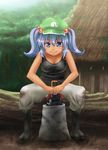  alternate_costume blue_eyes blue_hair breasts commentary_request hair_bobbles hair_ornament hat kawashiro_nitori medium_breasts solo tan tank_top touhou two_side_up umarutsufuri 