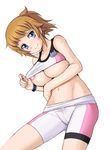  areolae bare_shoulders bike_shorts blue_eyes blush bracelet breasts brown_hair collarbone gundam gundam_build_fighters gundam_build_fighters_try harukigenia hoshino_fumina jewelry large_breasts navel shiny shiny_skin shirt_lift short_hair simple_background skindentation smile solo sports_bra sweat underboob white_background 