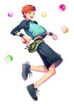  capsule_servant emiya_shirou fanny_pack fate/stay_night fate_(series) gashapon kinkan_(rerorero_o) male_focus midriff red_hair shoes shorts sneakers solo yellow_eyes 