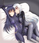  2girls ass bdsm bed blue_hair blush bodysuit bondage bound bound_wrists breast_press breasts brown_eyes character_request clenched_teeth female fingering fingering_through_clothes frown large_breasts long_hair lying multiple_girls navel on_back on_side saliva saliva_trail silver_hair skin_tight smile source_request takaoka_nanase teeth through_clothes tongue tongue_out yellow_eyes yuri 