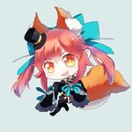  animal_ears chibi colivt fang fate/extra fate_(series) fox_ears fox_tail hat mini_hat mini_top_hat pink_hair solo tail tamamo_(fate)_(all) tamamo_no_mae_(fate) top_hat yellow_eyes 