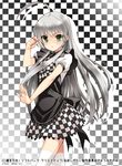  :o ahoge checkered checkered_background checkered_skirt green_eyes haiyore!_nyaruko-san long_hair looking_at_viewer madara_sai nyarlathotep_(nyaruko-san) silver_hair skirt solo thighhighs white_legwear zettai_ryouiki 