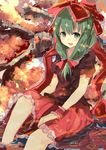  frilled_skirt frills front_ponytail green_eyes green_hair hair_ornament hair_ribbon highres kagiyama_hina long_hair looking_at_viewer nature open_mouth partially_submerged ponytail puffy_sleeves ribbon shirt short_sleeves sitting skirt smile solo touhou vest water wrist_cuffs yosu 