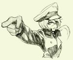  bad_id bad_pixiv_id blurry buttons coat depth_of_field facial_scar gloves hanna_rudel hat iron_cross jojo_no_kimyou_na_bouken jojo_pose long_hair long_sleeves military military_uniform nose_scar parody peaked_cap pointing ponytail pose scar shiratama_(hockey) simple_background solo uniform world_witches_series 