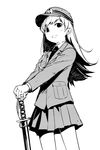  greyscale hat kantai_collection long_hair monochrome ooi_(kantai_collection) simple_background skirt smile solo sword watarai_keiji weapon white_background 