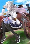  1girl animal black_legwear blue_sky blurry boots bow cat chaika_trabant closed_eyes cloud cloudy_sky copyright_name day depth_of_field dress dutch_angle eyebrows frederika_(hitsugi_no_chaika) from_behind full_body hellnyaa highres hitsugi_no_chaika long_hair long_sleeves maid_headdress pants petals purple_eyes ribbon shirt short_hair silver_hair sitting sky standing thigh_boots thighhighs tooru_acura wind yawning 