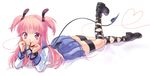  angel_beats! ayumu_(tobihanerusora) cross-laced_footwear demon_tail food long_hair lying on_stomach pink_eyes pink_hair pocky school_uniform serafuku shinda_sekai_sensen_uniform solo tail two_side_up yui_(angel_beats!) 