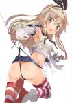  anchor ass bare_shoulders black_panties blonde_hair blue_eyes elbow_gloves fishing_hook fishing_line gloves hairband highleg highleg_panties hook jpeg_artifacts kantai_collection long_hair looking_at_viewer midriff miniskirt open_mouth panties sailor_collar shimakaze_(kantai_collection) skirt solo striped striped_legwear thighhighs thong underwear wedgie white_background white_gloves yukizumi_remon 