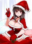  :d black_hair box breasts brown_eyes bursting_breasts capelet cleavage convenient_censoring cosaten gift gift_box hat indian_style large_breasts miniskirt open_mouth red_legwear santa_hat school_rumble sitting skirt smile solo strapless suou_mikoto thighhighs tubetop v 