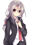  :&lt; amano_kouki black_skirt blazer blush brown_eyes cosplay hatsushimo_(kantai_collection) hatsushimo_(kantai_collection)_(cosplay) highres jacket kantai_collection long_hair looking_at_viewer low-tied_long_hair md5_mismatch necktie open_blazer open_clothes open_jacket pleated_skirt red_neckwear school_uniform silver_hair simple_background skirt solo white_background zuihou_(kantai_collection) 