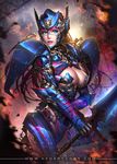  armor blue_eyes breasts cleavage_cutout cowboy_shot explosion genderswap genderswap_(mtf) highres large_breasts mecha_musume nudtawut_thongmai optimus_prime personification scratches smoke solo sparks sword transformers watermark weapon web_address 
