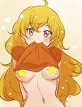  ahoge bad_id bad_twitter_id beige_background blonde_hair blush breasts covered_nipples heart long_hair looking_at_viewer medium_breasts mouth_hold navel orange_shirt pasties purple_eyes rwby shirt shirt_in_mouth shirt_lift smile solo star star_pasties tusia wavy_hair yang_xiao_long yellow_background 