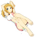  barefoot bike_shorts blue_eyes brown_hair feet gundam gundam_build_fighters gundam_build_fighters_try hoshino_fumina looking_at_viewer lying midriff navel on_back ponytail simple_background solo sports_bra white_background zpolice 