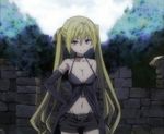  1girl bare_shoulders blonde_hair breasts cleavage gloves hands_on_hips large_breasts lieselotte_sherlock long_hair looking_at_viewer navel purple_eyes screencap shorts smile solo trinity_seven twintails very_long_hair 