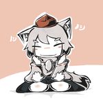  animal_ears closed_eyes detached_sleeves hat inubashiri_momiji kamibukuro outstretched_arms seiza short_hair silver_hair sitting skirt smile solo tail tokin_hat touhou wolf_ears wolf_tail 