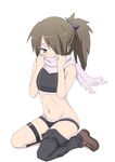  aqua_eyes bare_shoulders blush brown_hair gobanme_no_mayoi_neko hair_ornament hands_on_own_face highres holding kazama_levy kneeling long_hair looking_at_viewer midriff navel ponytail scarf scarf_over_mouth simple_background sitting solo sports_bra thigh_strap toned trinity_seven wariza white_background 
